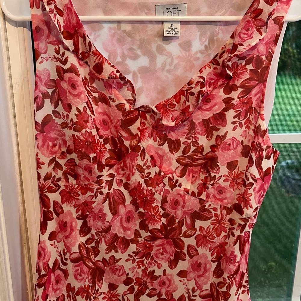 Ruffle pink floral sleeveless blouse